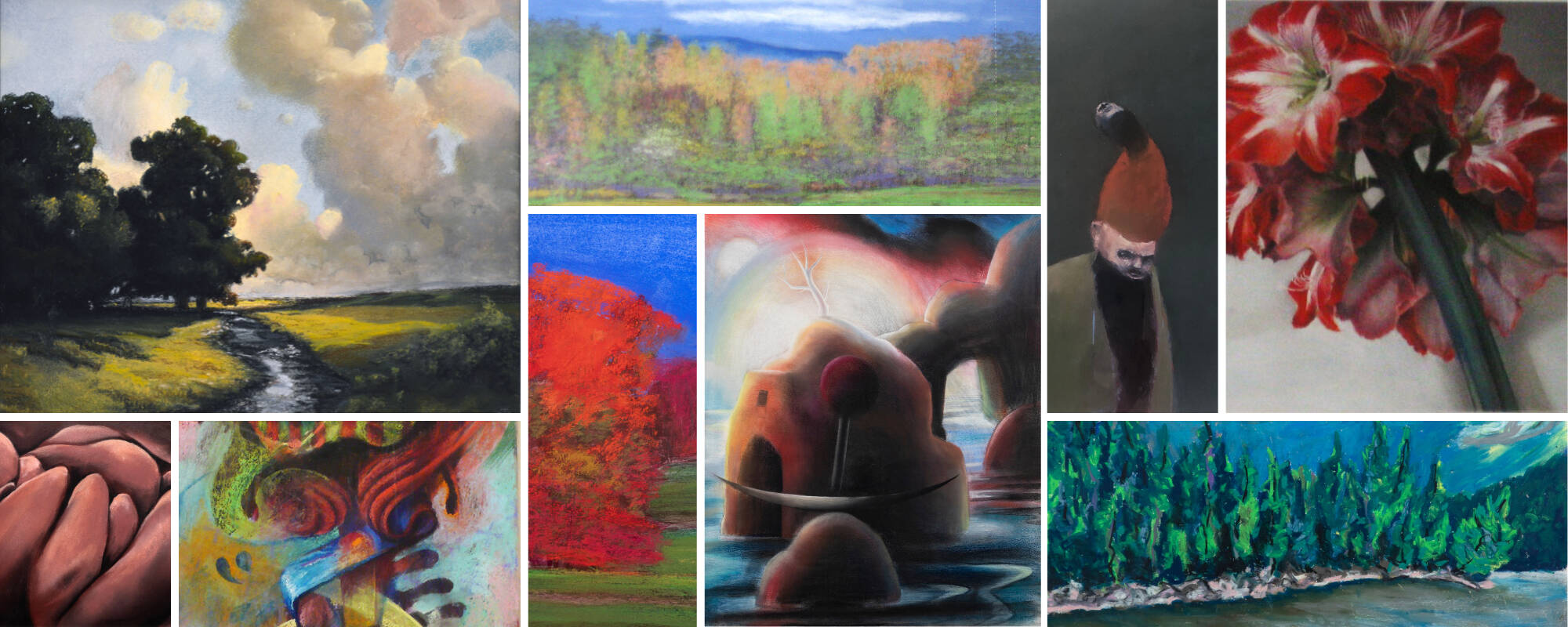 Collage of nine different images that represent pastel works of art that can be found in the GVSU Art Museum collection.
